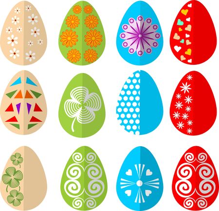 Easter colored eggs, design set in modern flat design. Diverse colors and patternsのイラスト素材