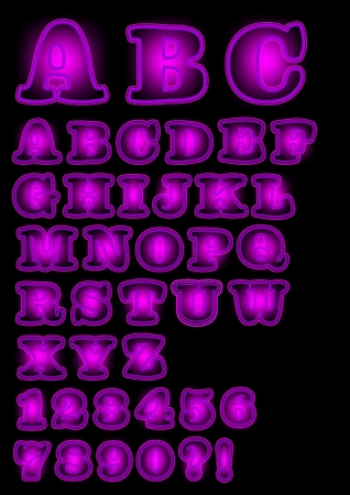 Neon purple uppercase alphabet on black background, bold font with purple backlight, numbers, question mark, exclamation mark includedのイラスト素材