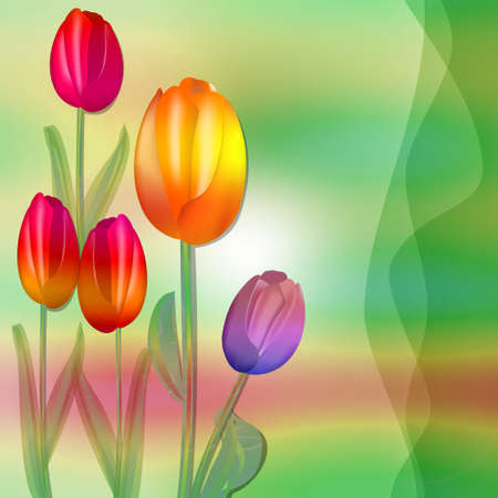 Gorgeous spring multicolored tulips on blurry abstract wavy background, cute and cheerful spring or easter decorationの写真素材