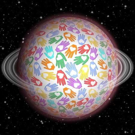 Fantasy peace planet with colored small children palms and hearts on galaxy background with starsの写真素材