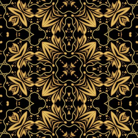 Luxurious golden embossed brocade or damask oriental patterns, symmetric ornament on black background, useful as decoration for major ceremonial events such as luxury funeralsの写真素材