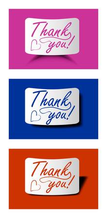 Thank you card set in different colors, calligraphy inscription on bended paper with different shadowのイラスト素材