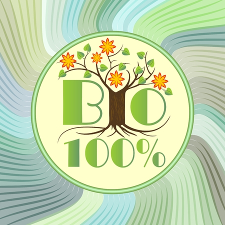 100% bio emblem with tree in blossom on green wavy background, etiquette for natural ecologic products from ecology agricultureのイラスト素材