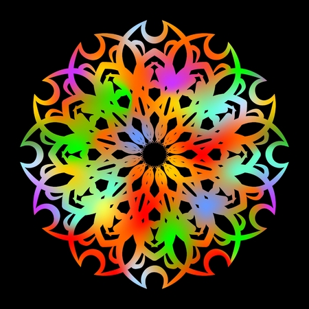 Psychedelic rainbow rosette on black background, geometric symmetric multicolored shape with strong contrastのイラスト素材