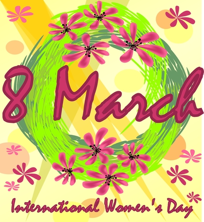 International Women's Day in grunge design with spring wreath and red flowers. 8th March greeting billboard or placard, useful for gift shopのイラスト素材