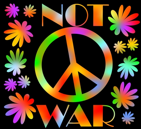 International symbol of peace, disarmament, anti-war movement. Grunge street art design in hippies rainbow colors, inscription not war. Vector image on radiating background. Retro motif of hippies movementのイラスト素材