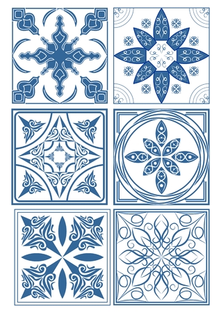 Set of vintage ceramic tiles in azulejo design with blue patterns on white background, traditional Spain and Portugal potteryのイラスト素材