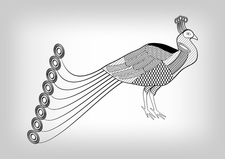 Peacock, black and white stylized ornamental drawing, isolated bird on gray gradient background, useful as decoration, tattoo template, emblemのイラスト素材
