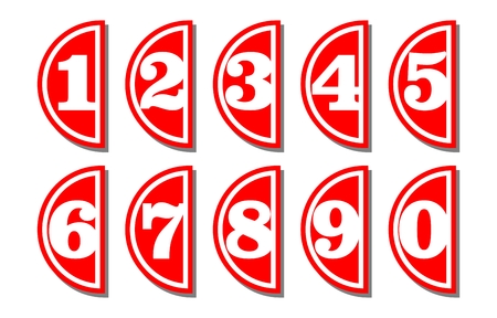 Set of artistic number in semicircular shape, white digits on red background, useful as infographic tag for presentation templateのイラスト素材