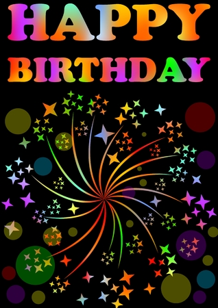 Happy birthday billboard with expressive rainbow inscription and firework motif on black background, decoration for the celebration of the jubilee, birthday partyのイラスト素材