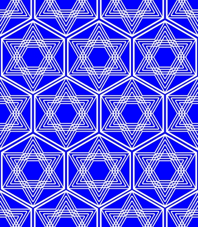Star of David background in nation Israel colors white and blue, monoline white drawing of star in a hexagonal shape. Repeating seamless patterns.のイラスト素材