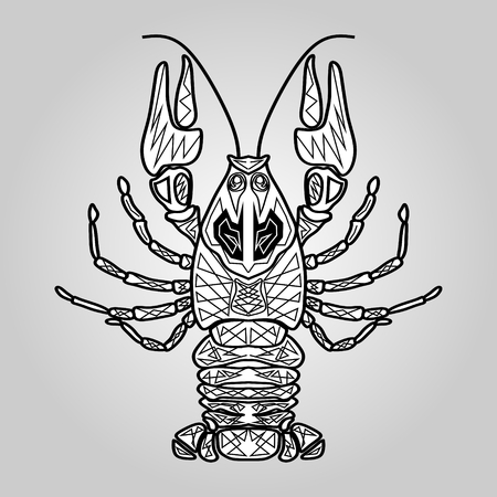 Cancer, white and black symmetric ornamental drawing, useful as tattoo template, sea food decoration, fish restaurant billboard, symbol of horoscopeのイラスト素材