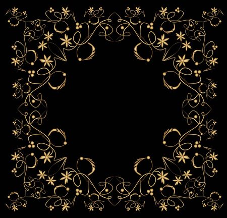 Embossed filigree golden frame on black background. Classic vintage patterns with flower, swirl and leaf shapes, horizontal and vertical symmetricのイラスト素材