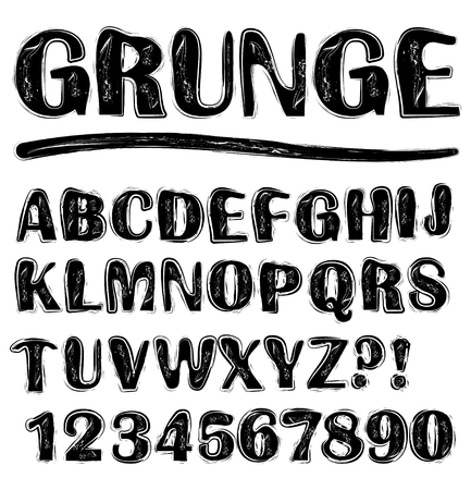 Grunge scratchy uppercase black and white alphabet set, numbers, question mark, exclamation mark, lowercase set available in portfolio tooのイラスト素材
