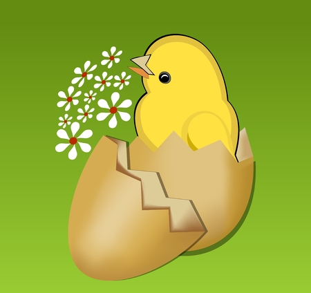 Cute spring theme with beautiful yellow chic in egg-shell on vivid green gradient background with small white flowersのイラスト素材