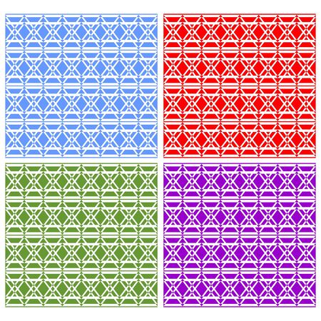 Swatch collection, set of elegant white geometric patterned tiles. Classic background in art deco style in blue, red, green and purple variantのイラスト素材