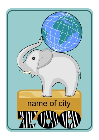 Zoo emblem or advertising template with little elephant baby carrying globe on his back, inscription ZOO in zebra skin design.のイラスト素材