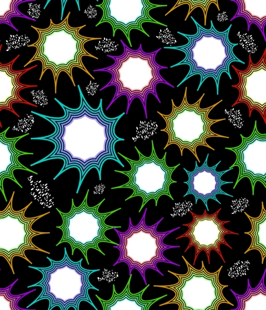 Seamless vector background with Uneven star shapes in outline design with white dots on a black circle areaのイラスト素材