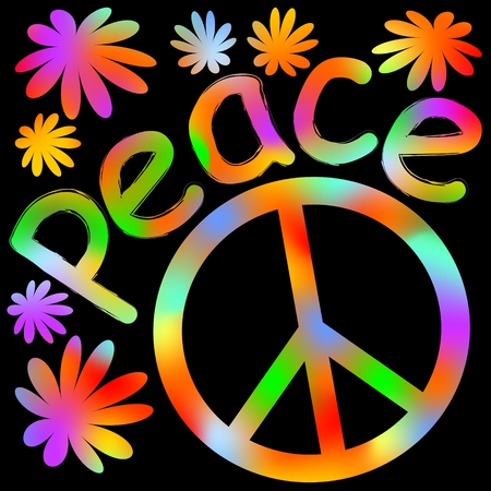International symbol of peace, disarmament, anti-war movement. Grunge street art design in hippies rainbow colors, inscription peace. Vector image on radiating background. Retro motif of hippies movementのイラスト素材
