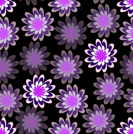 Spilled purple flower with different hue on black background, uneven distributed floral shapes, abstract seamless backgroundのイラスト素材