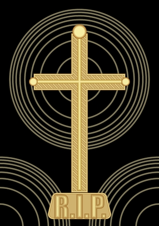 Simple abstract burial decoration with golden crucifix and concentric circle shapes on black background, inscription Requiescat in pace, Rest in pace, a tribute to the deceased R.I.P.のイラスト素材