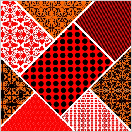 Patchwork decorative vector abstract tile in style stitched textile patches with different ornament in red, white, black and orangeのイラスト素材