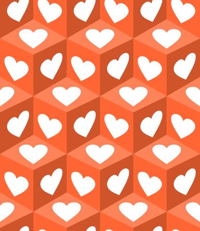 3d cube patterns with white heart shapes on orange background. Valentine day motif for gift paper printingのイラスト素材