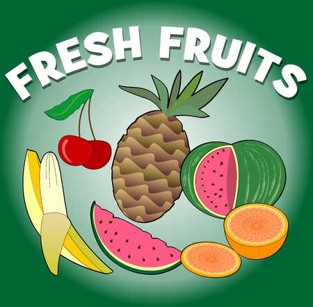 Fresh fruits. Tropical and juicy summer fruits - melon, pineapple, banana, cherry and orange, fruit pictures on green gradient background, healthy diets and summer refreshmentのイラスト素材