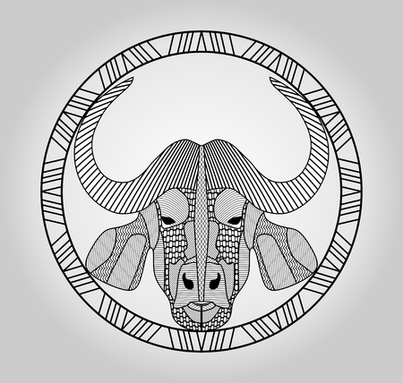 Buffalo head, symmetric hatched drawing in circle, isolated pictureのイラスト素材
