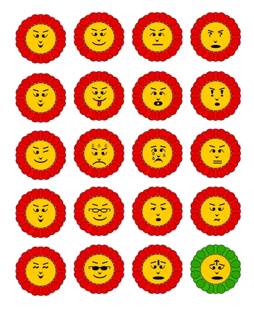 Emoticon set. Emoji flowers. Flower with emoji faces. Flower emoticon colection. Feelings expresion. Red cheerful flowers.のイラスト素材