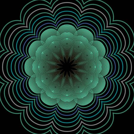 Outline floral motif in green color on black background, symmetric patternsのイラスト素材