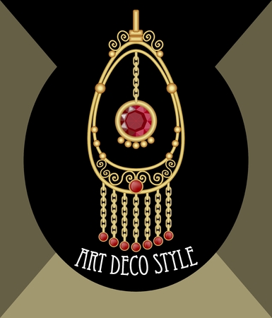 Filigree gold jewelry. Oriental earring. Golden isolated earring. Noble pendant. Ruby earring on black background. Pendant with red gem. Luxury bijou. Gold metal pendant. Luxury earring with ruby gem.のイラスト素材