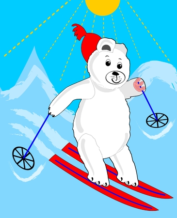 Cute ice bear skiing. Ice bear cartoon. Sporting ice bear. Ice bear on mountain. Ice bear on red ski. Ice bear winter sport.のイラスト素材