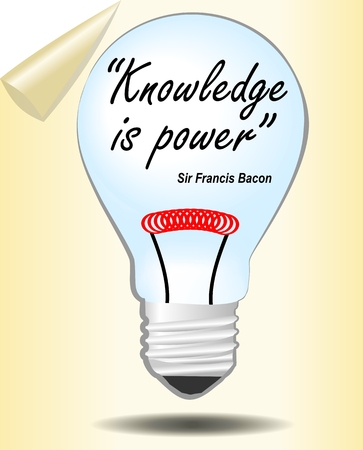 Motivation slide with bulb. Knowledge is power. Lord Bacon quote. Graphic template for education or training, study. Bulb as symbol of knowledge and learning.のイラスト素材