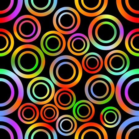 Seamless background with abstract concentric circle shapes in vivid rainbow colors, high contrasting ornament on black background. Decoration for textile, paper printのイラスト素材