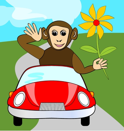 Funny winking monkey with yellow flower in red carのイラスト素材