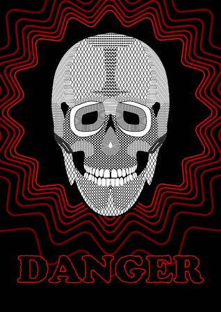 Danger placard with skull drawing. Black and white skull drawing on black background decorated with red line star shape.のイラスト素材