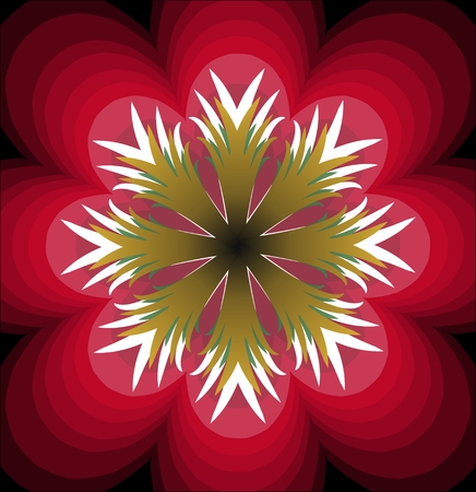 Plastic red fantasy flower with white pistil. Multilayered flower. Stylized red flourish shape. Symmetric flower abstract.のイラスト素材