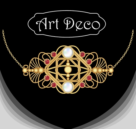Art deco jewel. Vintage gold necklace. Jewel in victorian style. Retro necklace. Filigree gold jewel. Antiquarian jewelry. Filigree gold necklace.のイラスト素材