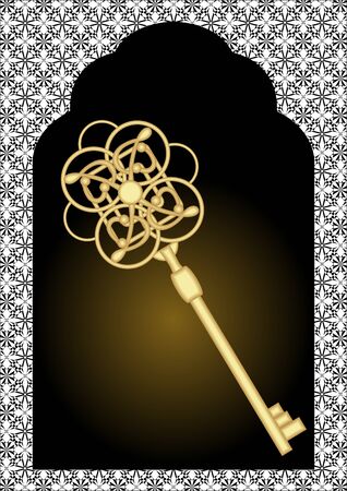 Gate silhouette with vintage gold key. Black and white victorian patterns on background. Luxury golden key on dark background.のイラスト素材