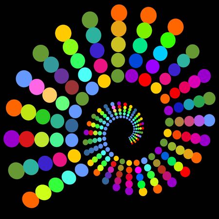 Rainbow spiral composed of dots. Colorful spiral on contrasting black background. Multicolored spiral design element. Psychedelic vivid graphic swirl.のイラスト素材