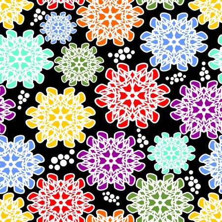 Seamless floral vector in cheerful colors on contrasting black background, white outlineのイラスト素材