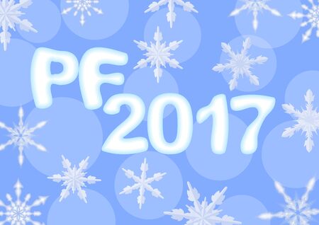 Happy new year 2017 decoration. Light blue poster with PF 2017 inscription, ice letters, bokeh background with snowflakes.のイラスト素材