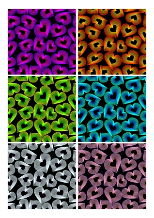 Set of seamless patterns with colorful heart shapes in outline design on dark background. Vector collection color samplersのイラスト素材