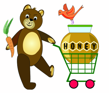 Teddy bear buying honey. Teddy bear with cart. Teddy bear shopping. Teddy bear with carrot. Teddy bear and orange bird.のイラスト素材