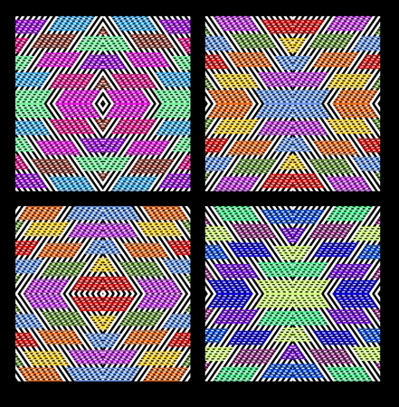 Kaleidoscopic tileable patterns. Multicolored patterns. Strip patterns. Colored strips on black and white striped background. Mosaic abstract patterns. Set of strip patterns.のイラスト素材