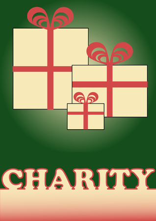 Christmas charity with simple boxes, red ribbons and charity inscription.のイラスト素材
