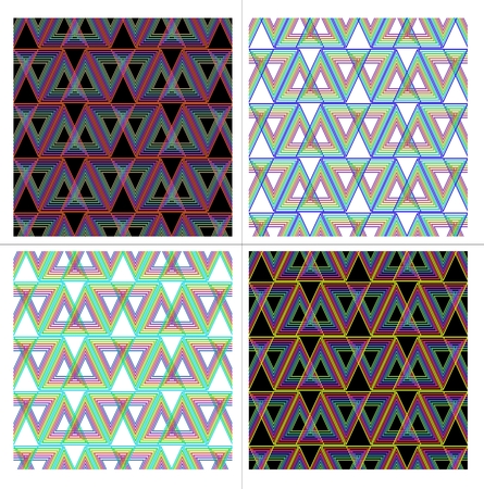 Set of abstract seamless triangle patterns in different colors on black or white backgroundのイラスト素材