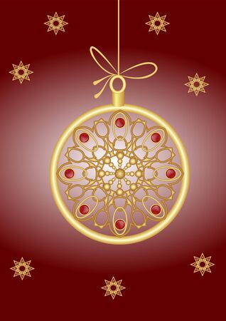 Christmas card with elegant golden xmas bauble in jewel style, filigree patterns with red gemstone, small stars. Vector illustration on dark red gradient background.のイラスト素材