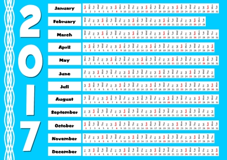 2017 calendar with abstract blue background. Unusual design, month in strip shape, horizontally orientation, place for corporate image and information.のイラスト素材